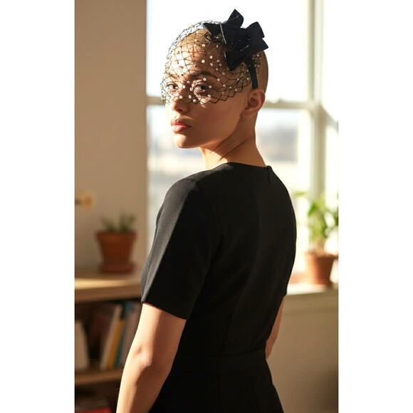 Vtg 1950s 60s Beaded Snood Hair Net Pearl AB Crystal Satin Bows Comb Fascinator main image 4